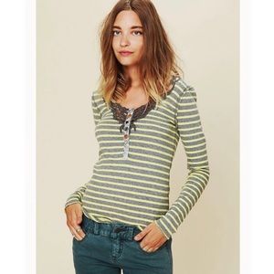Free People NWT Call Back Stripe Mismatch Henley Shirt Medium Yellow Gray